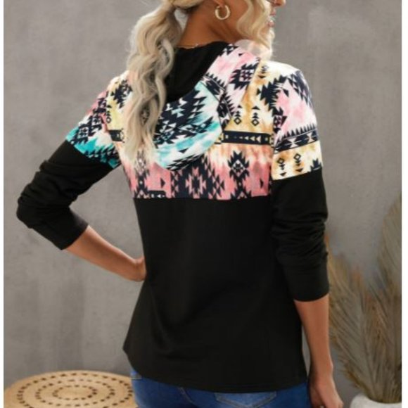 Black Aztec Print Color Block Hoodie - Picture 2 of 3